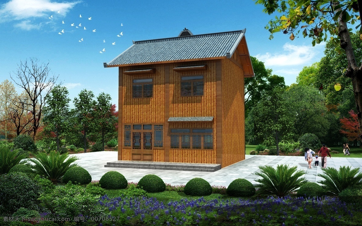 仿古建筑 分層明確 喬木素材 灌木素材 天空素材