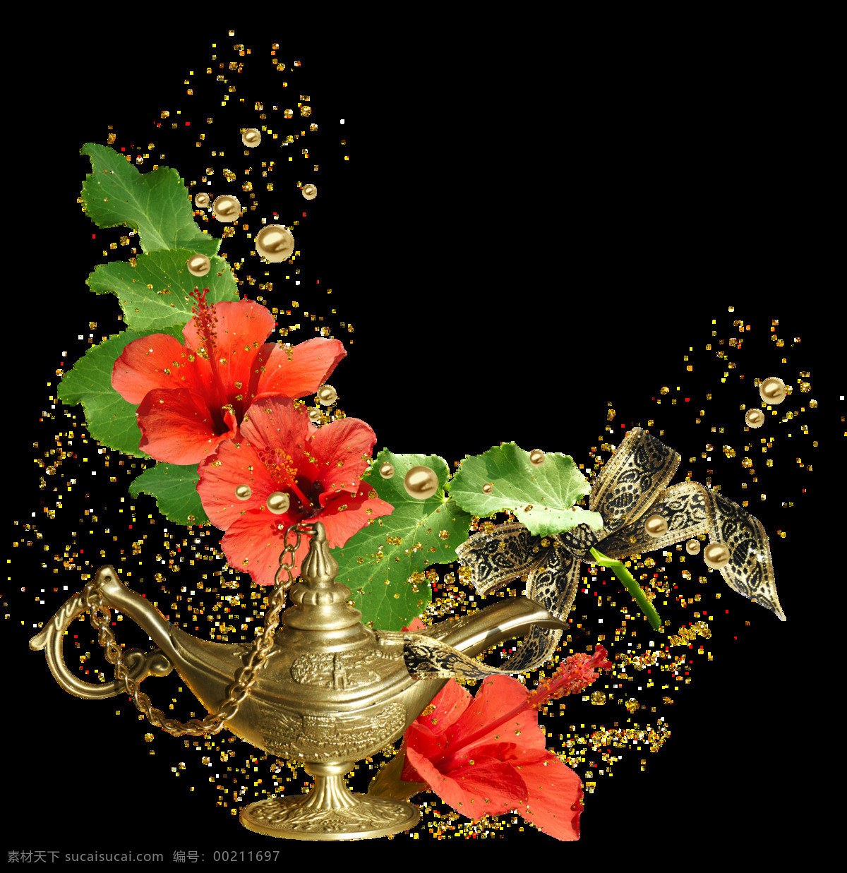复古 风格 金色 花卉 神灯 透明 红色 丝带 蝴蝶结 绿色 透明素材 免扣素材 装饰图片