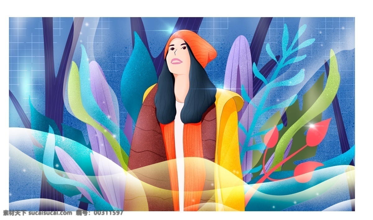 冬天 你好 冬季 手繪 海報 插畫 壁紙 banner 森林 小清新 藍色 插畫壁紙 女孩 植物