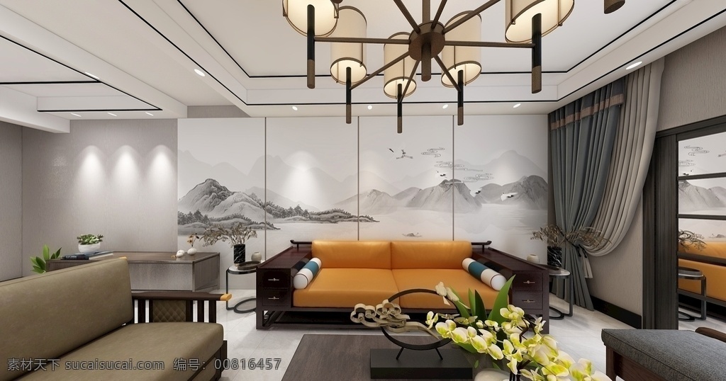 新 中式 室内 效果图 新中式 客厅效果 唯美清新 中式沙发 沙发 茶几摆饰 家居装饰 环境设计 室内设计