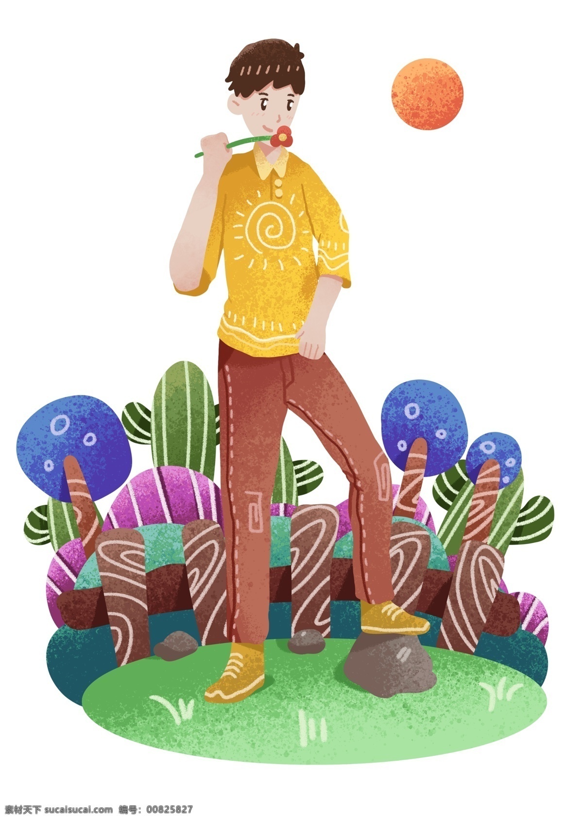 春游 踏青 活動 插畫 紅色的花朵 卡通插畫 春游插畫 踏青插畫 旅游郊游 外出游玩 帥氣的男孩