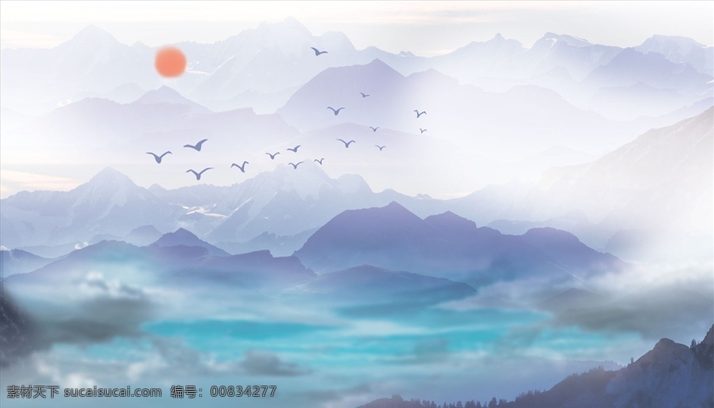 水墨山水 大雁 太阳 背景墙图片 背景墙 电视背景墙 现代背景墙 中式背景墙 分层