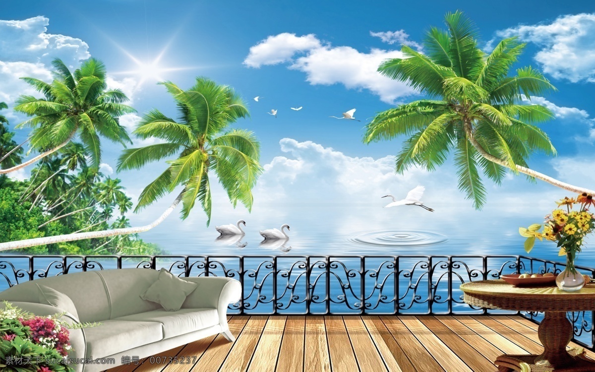 热带 风情 客厅 背景 psd分层 电视 热带风情 海边 椰树 蓝天白云