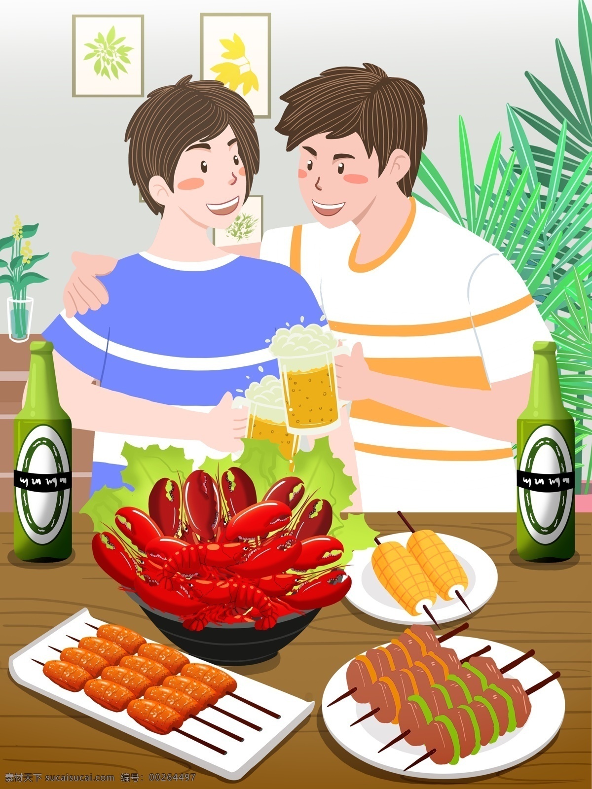 好 兄弟 家中 吃 烧烤 龙虾 啤酒 插画 男人 植物 装饰画 桌子 碗 盘子 玉米 鸡翅 烤肉 壁纸 包装 手机图 配图 小清新 扁平 可爱