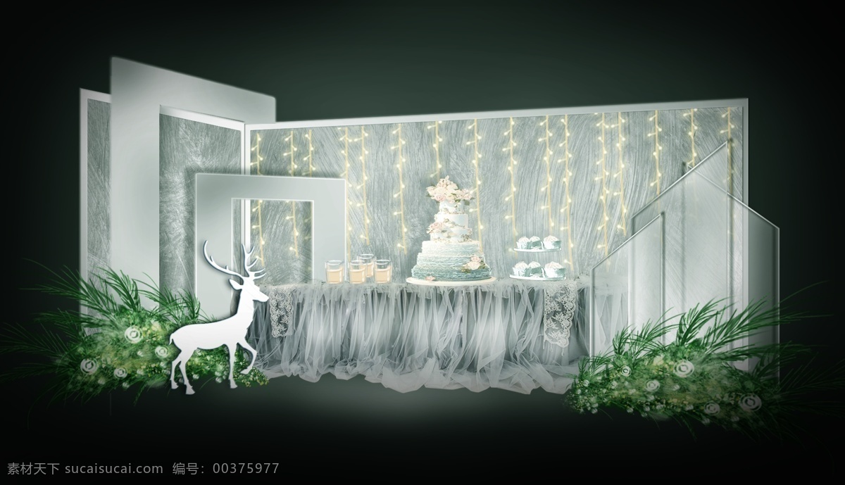 梦幻 小 清新 绿色 灯串 几何 甜品 台 迎宾 区 婚礼 麋鹿 玻璃 植物 灰色