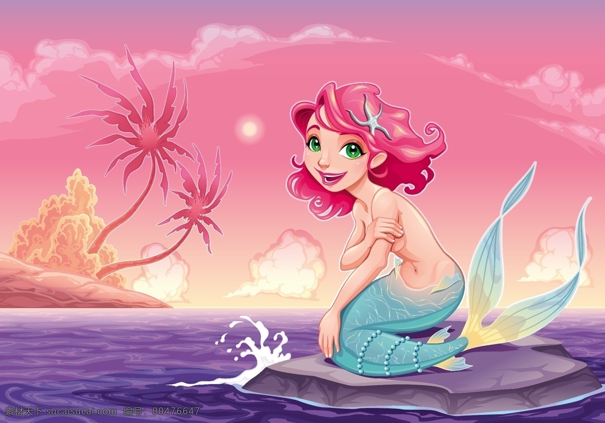 小美 人魚 靠近 岸邊 卡通 插畫 矢量 水 波浪 海洋 魚 美 粉紅 風(fēng)景 可愛 微笑 快樂 巖石 棕櫚 日落 滑稽 淑女 島嶼 浪漫 年輕