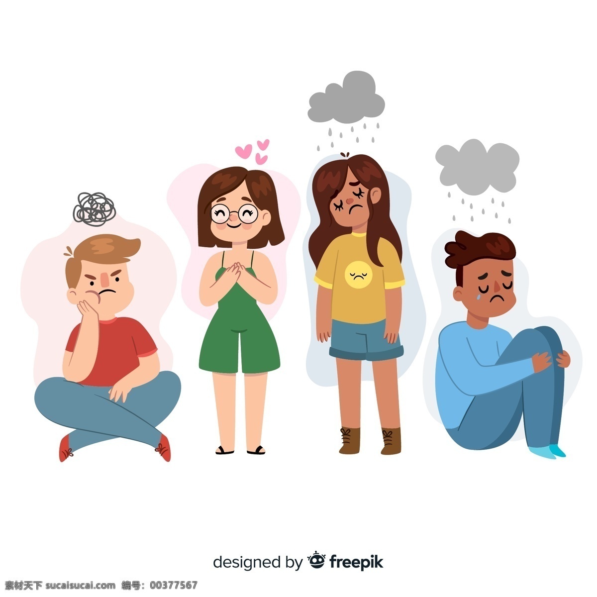 款 創(chuàng)意 不同 情緒 人物 女子 男子 云朵 愛心 站 哭泣 生氣 傷心 郁悶 開心 抑郁 動(dòng)漫動(dòng)畫 動(dòng)漫人物