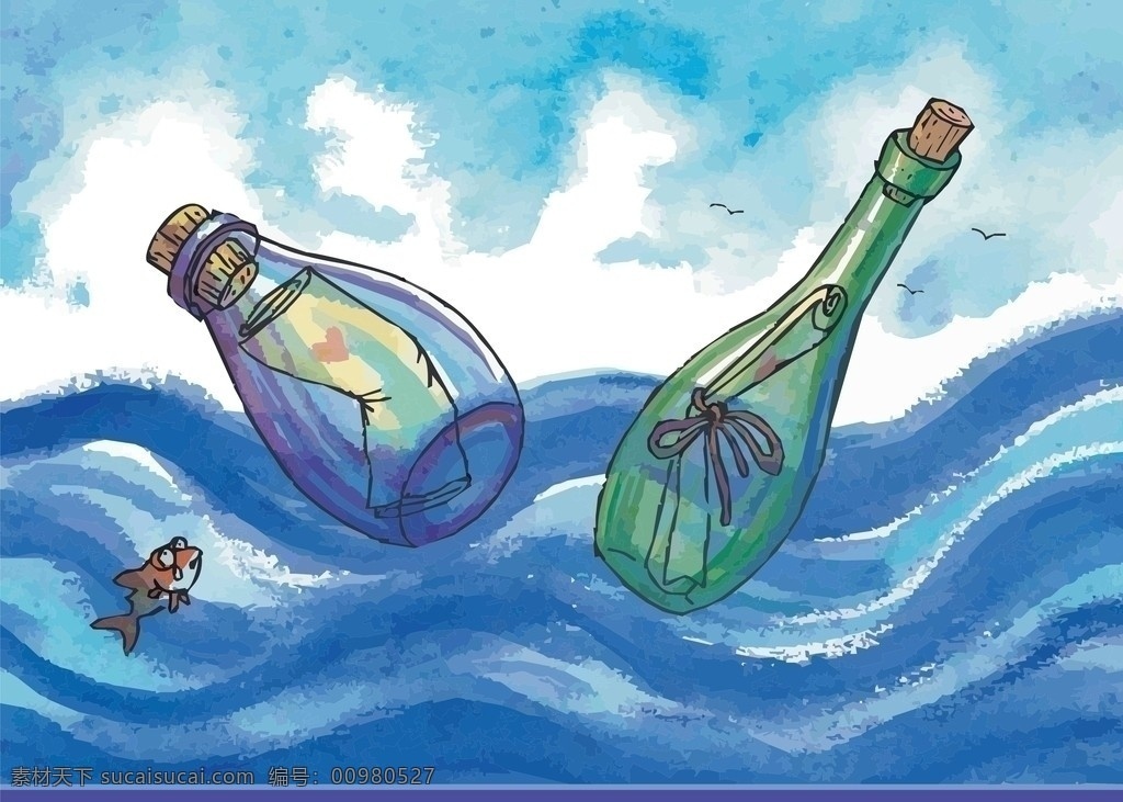 几米漫画 漂流瓶 海洋 大海 鱼 许愿瓶 在哭的鱼 美术绘画 文化艺术 矢量