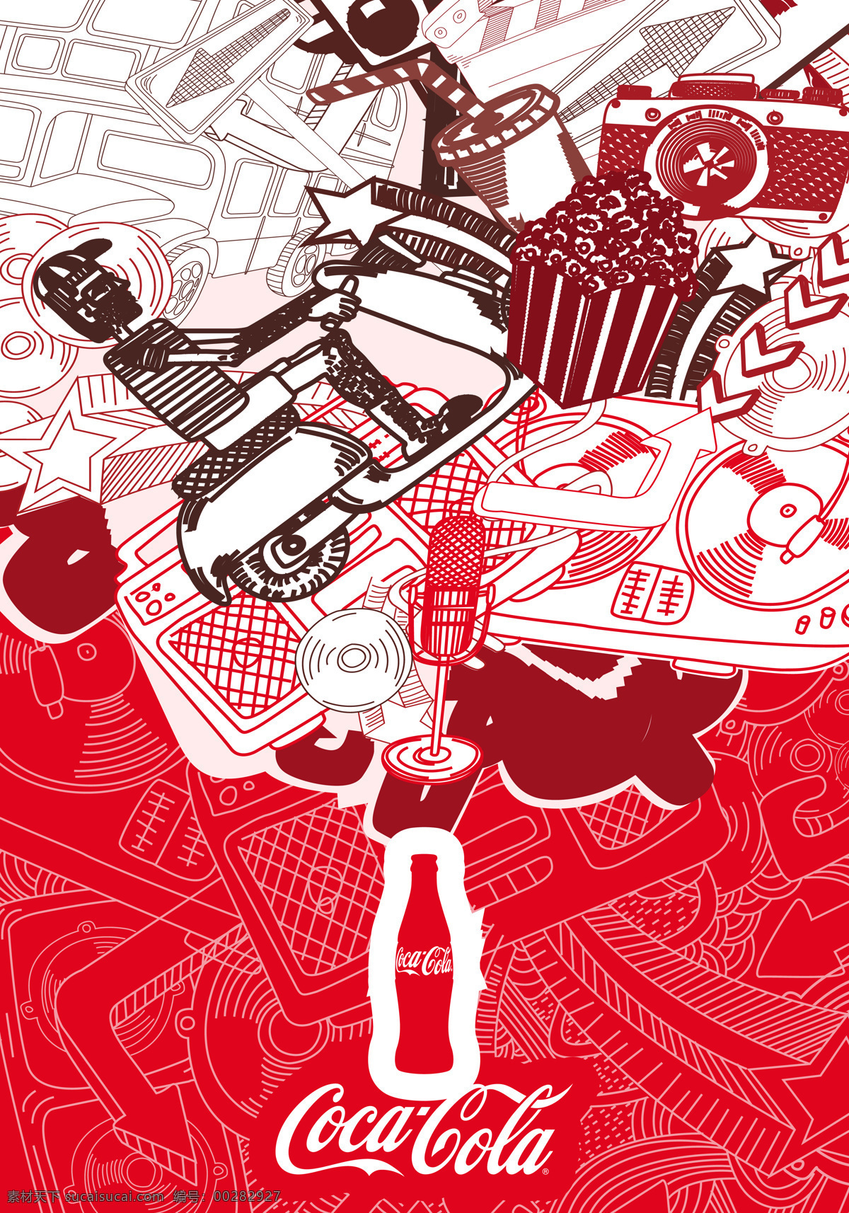 可口可乐 形象 广告 抽象画 人物 电瓶车 标志 涂鸦 经典 红色