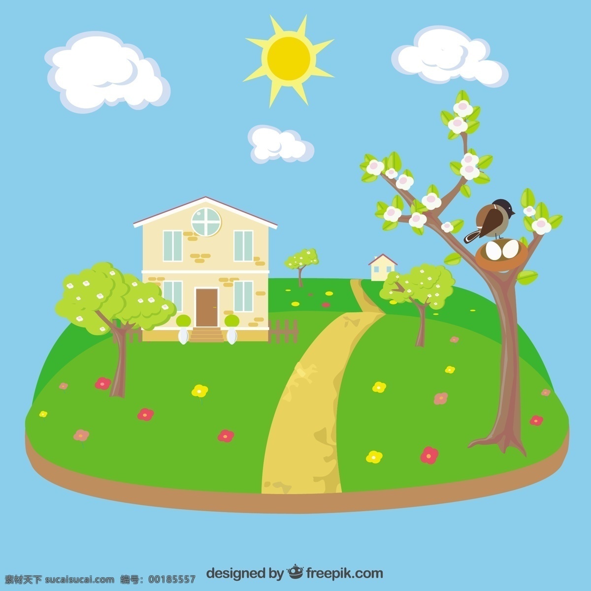 美麗 春天 景色 花 樹 房子 太陽 鳥 家 自然 草 景觀 云 植物 櫻花 櫻桃 圍欄 路徑 青色 天藍(lán)色