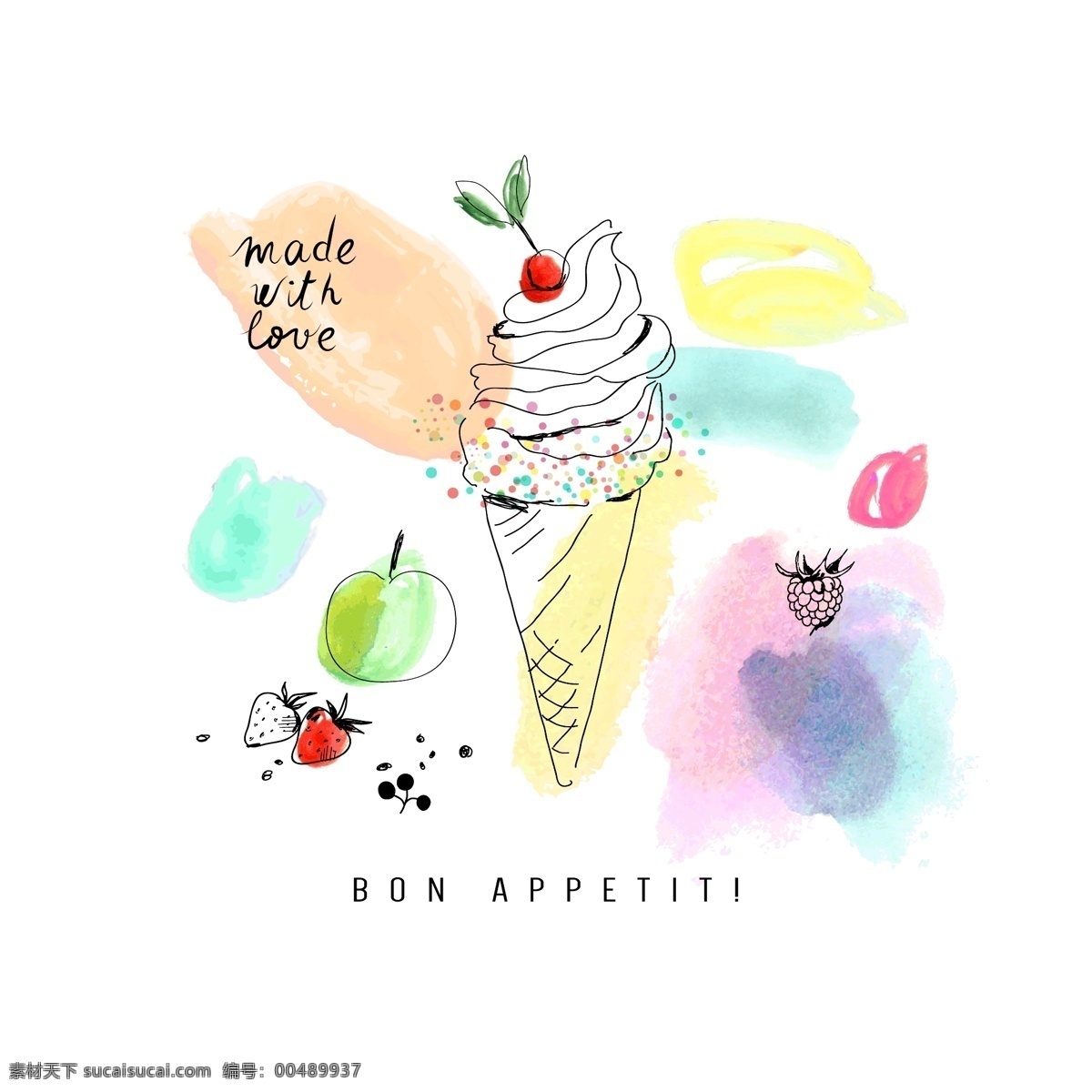 夏日 水彩 冷饮 图案 创意设计 卡通简约 简笔图案 冰淇淋 冰棒 水果 颜料 文化艺术 绘画书法