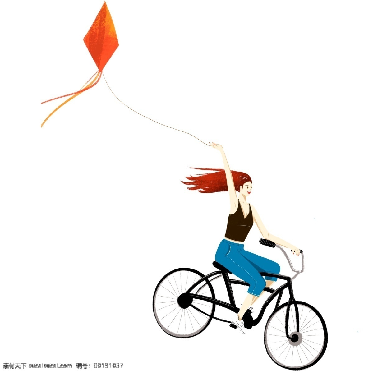 卡通 清新 踏青 骑 自行车 放风筝 女孩子 可爱 女孩 骑自行车 插画 少女 春季
