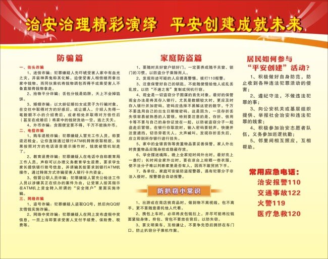 創(chuàng)建平安 平安 建設(shè) 創(chuàng)建 治理 治安 建設(shè)未來(lái) 防騙 家庭防盜 放扒 常識(shí) 應(yīng)急電話 報(bào)警電話 展板 模板 白色