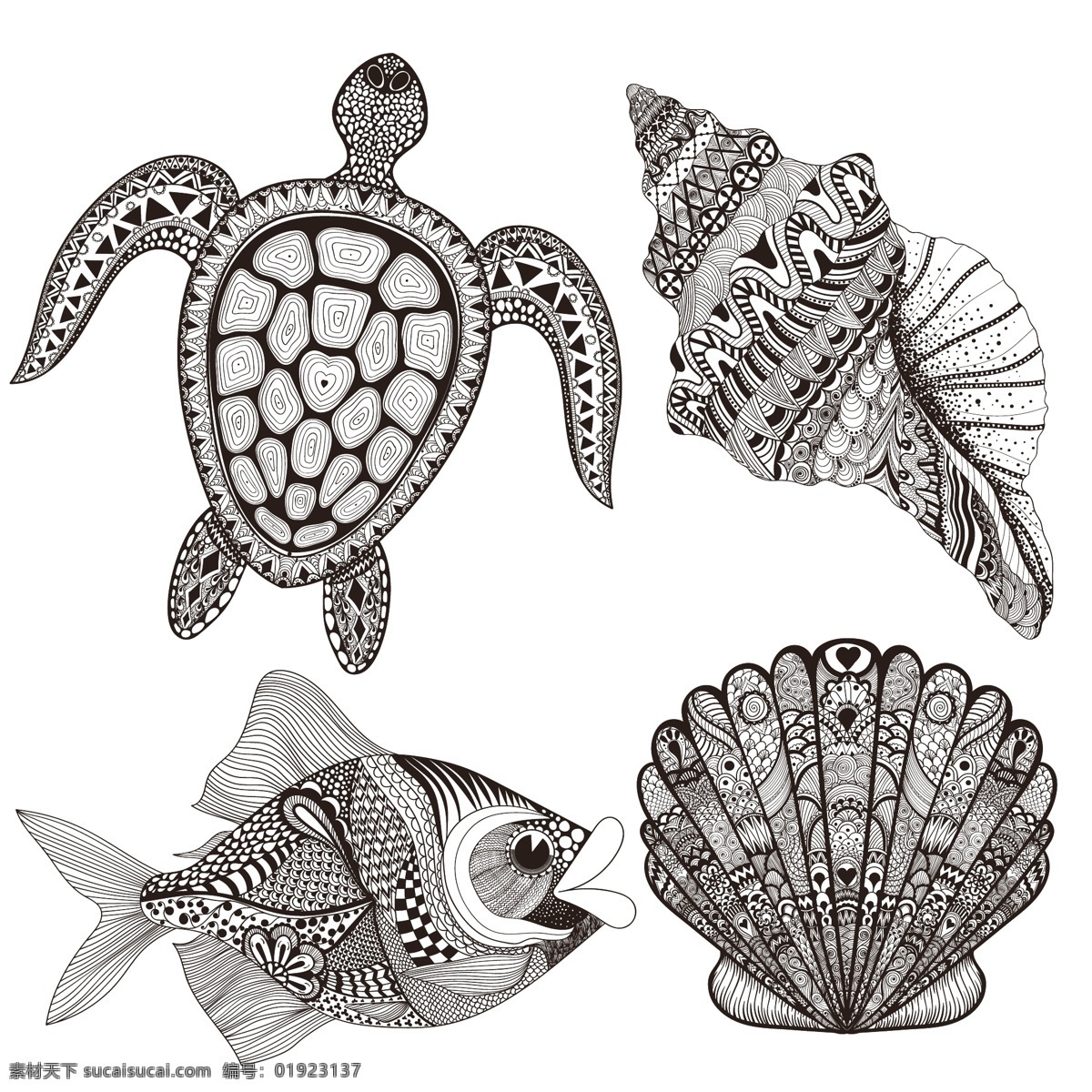 海洋 动物 花卉 装饰 图案 矢量 海龟 扇贝