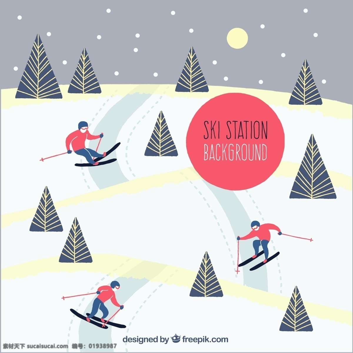 创意 雪地 滑雪 人物 雪花 松树 树木 运动 雪山 动漫动画 动漫人物