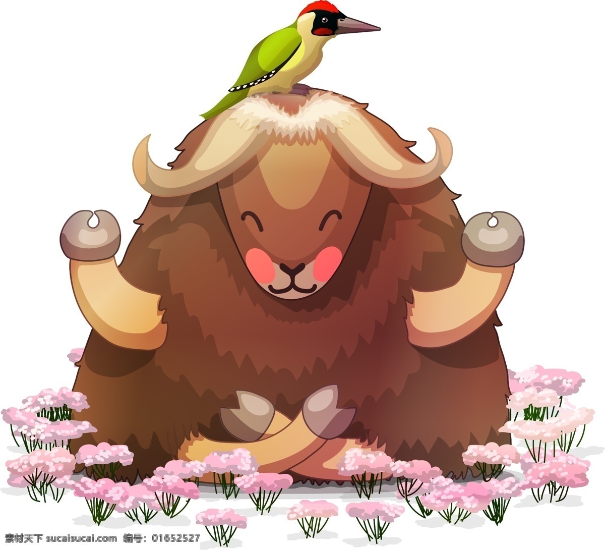 卡通 可爱 绵羊 插画 花朵 动物 小鸟 打座 盘腿