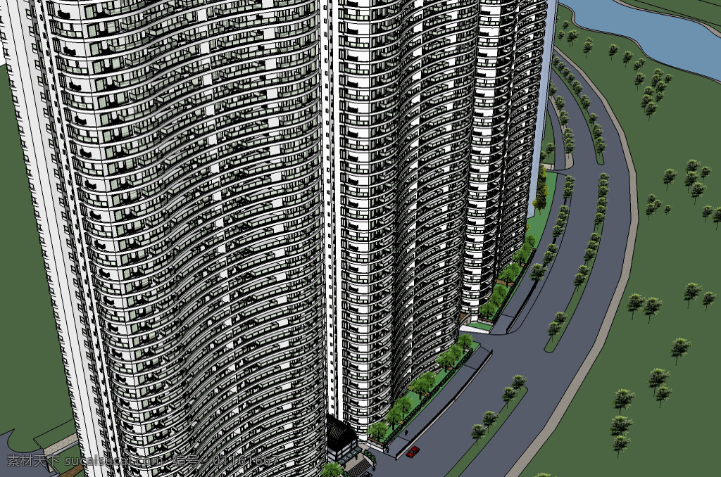 住宅小区 小区楼盘 简约楼盘 别墅模型 3d模型 skp 公寓 公路 灰色