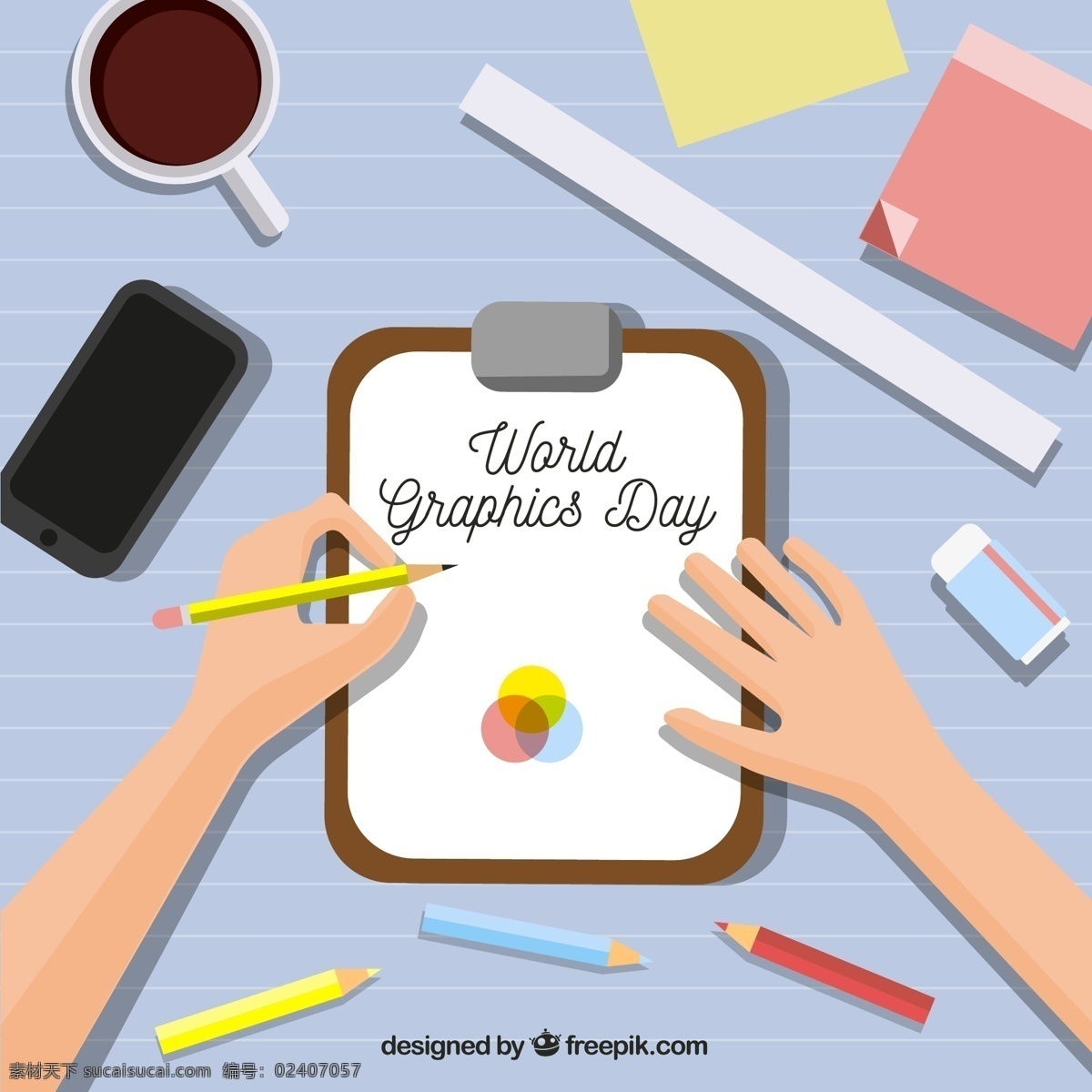 创意 世界 平面设计 日 写字 手臂 便利贴 咖啡 铅笔 桌子 平面设计日 橡皮 尺子 手机 标志图标 其他图标
