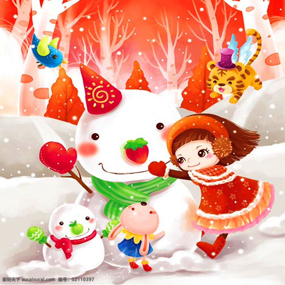 手绘 卡通 堆 雪人 冬天 雪人女孩 冬天季节 可爱雪人 共享分素材 分层