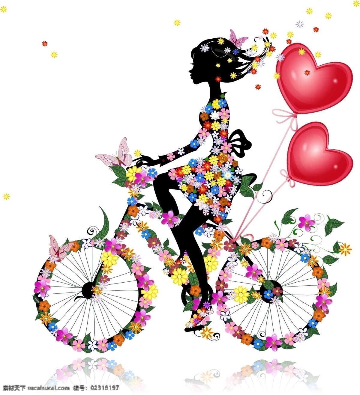 浪漫 花卉 美女 剪影 矢量 花朵 蝴蝶 人物 爱心 气球 自行车 植物 单车 动漫动画 动漫人物