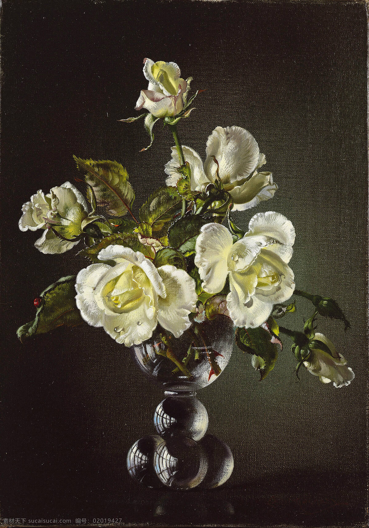 静物鲜花 盛开 玻璃花瓶 暗色调 夏季 现代油画 油画 文化艺术 绘画书法