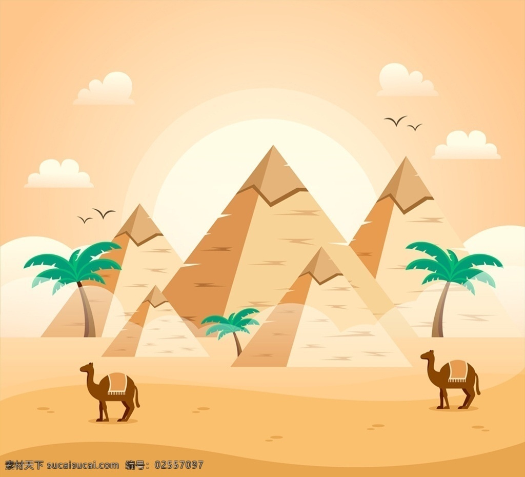 创意 埃及 沙漠 金字塔 风景 矢量图 卡通 手绘 插画 沙漠风景画 骆驼 埃及沙漠 埃及金字塔 山 山峰 风景画 卡通风景插画 路上风光 矢量 动漫动画 矢量素材