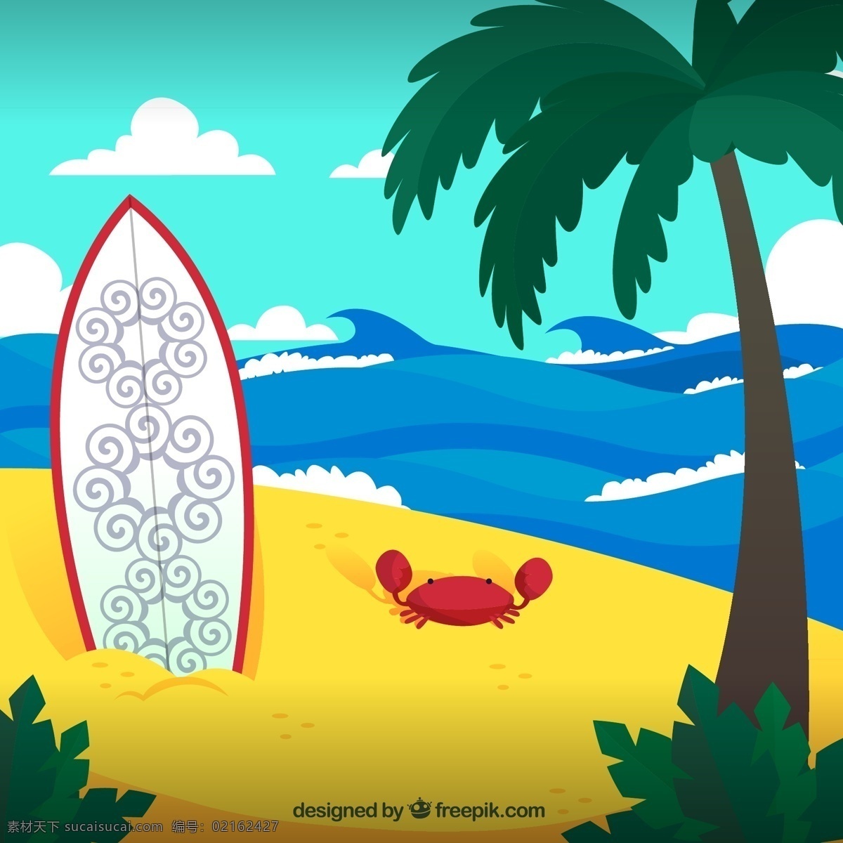 创意 沙滩 插画 螃蟹矢量图 插画矢量图 椰子树 大海 矢量 高清图片