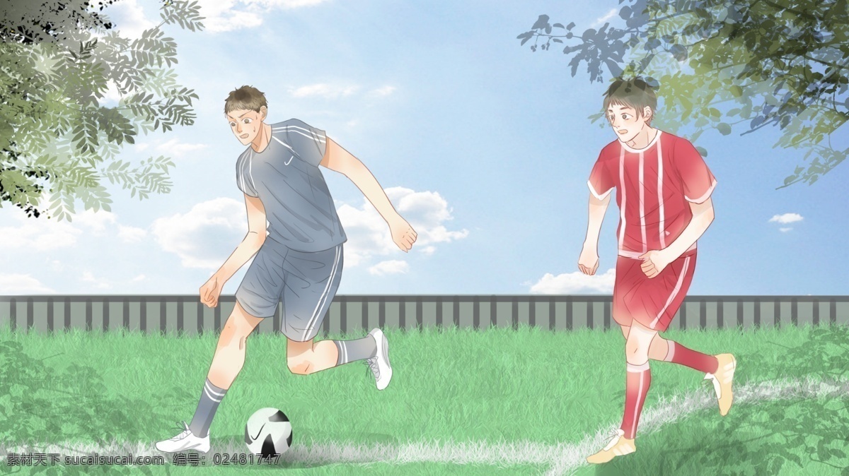 足球场 踢 足球 世界杯 插图 插画 运动 阳光 踢足球 夏天 夏日