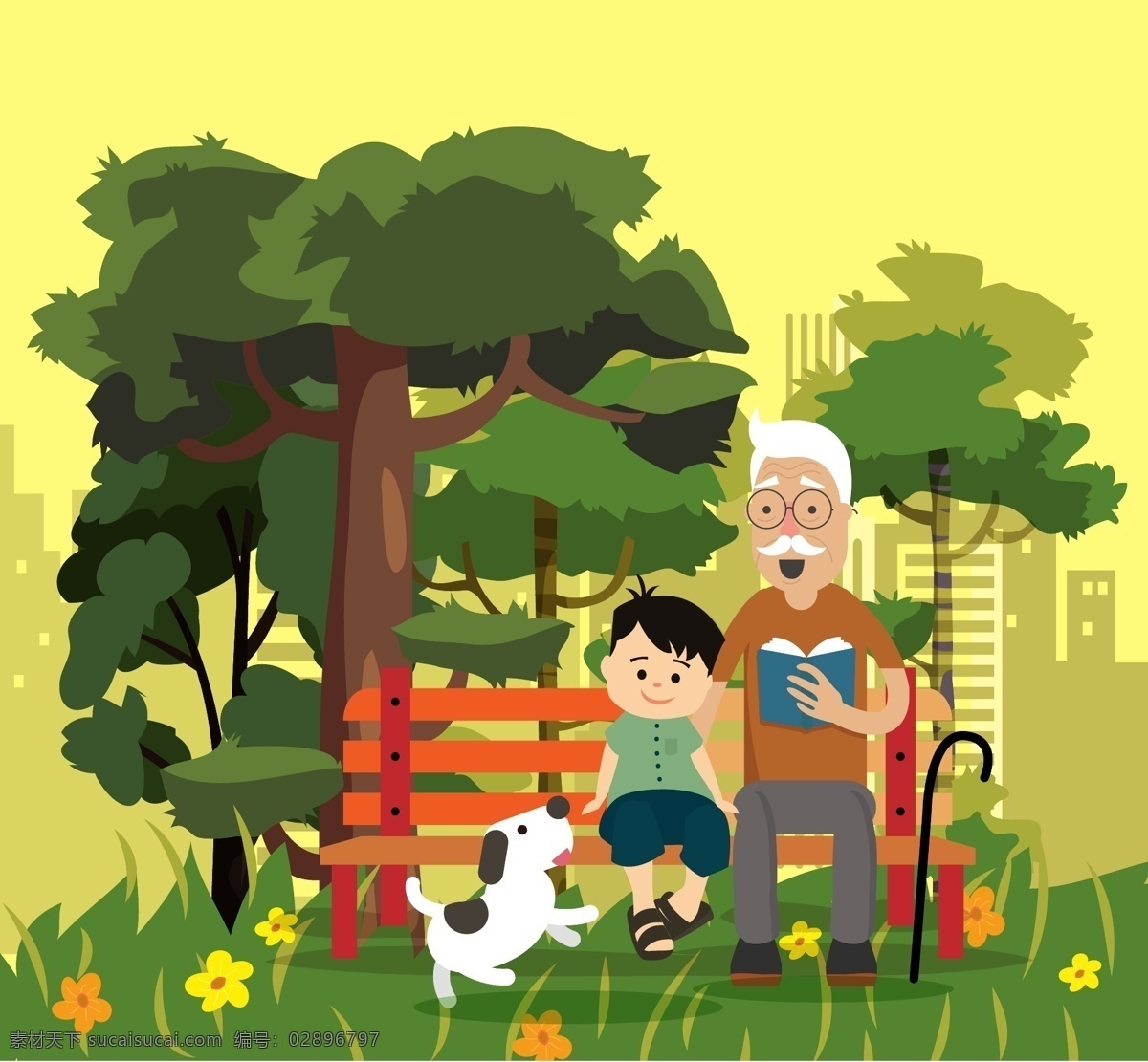 創(chuàng)意公園休息 的爺爺和孫子 矢量素材 樹木 草地 花卉 長椅 狗 看書 閱讀 書籍 樓房 房屋 城市 拐棍 男孩 老人 寵物 創(chuàng)意 公園 休息 爺爺 孫子 矢量圖 ai格式 人物