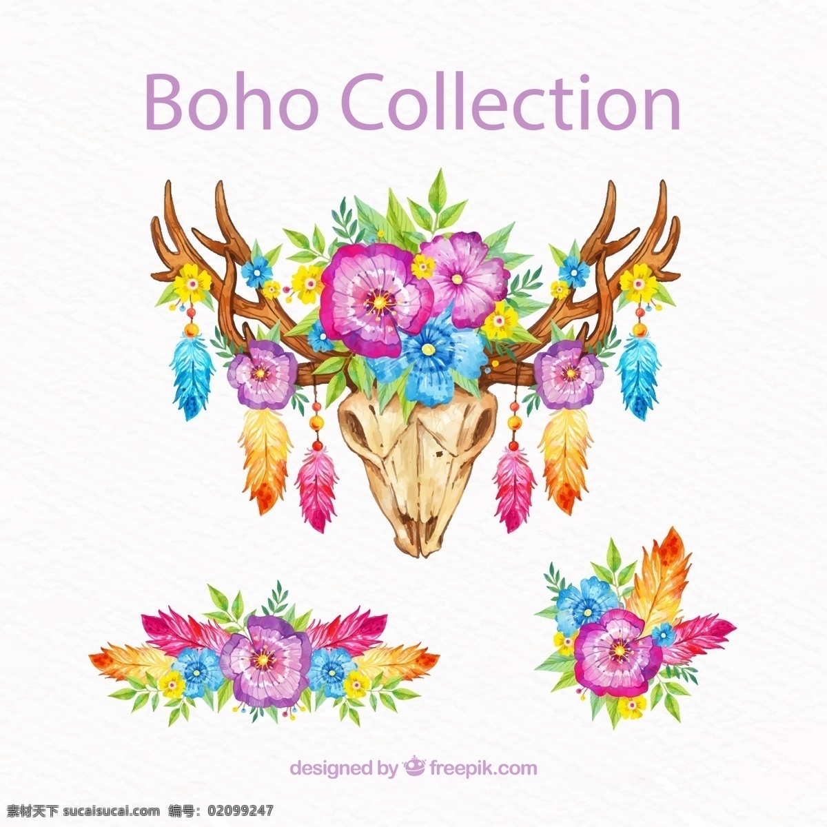 波西 米亚 风 花卉 装饰物 彩绘 波西米亚风 羽毛 矢量 高清图片