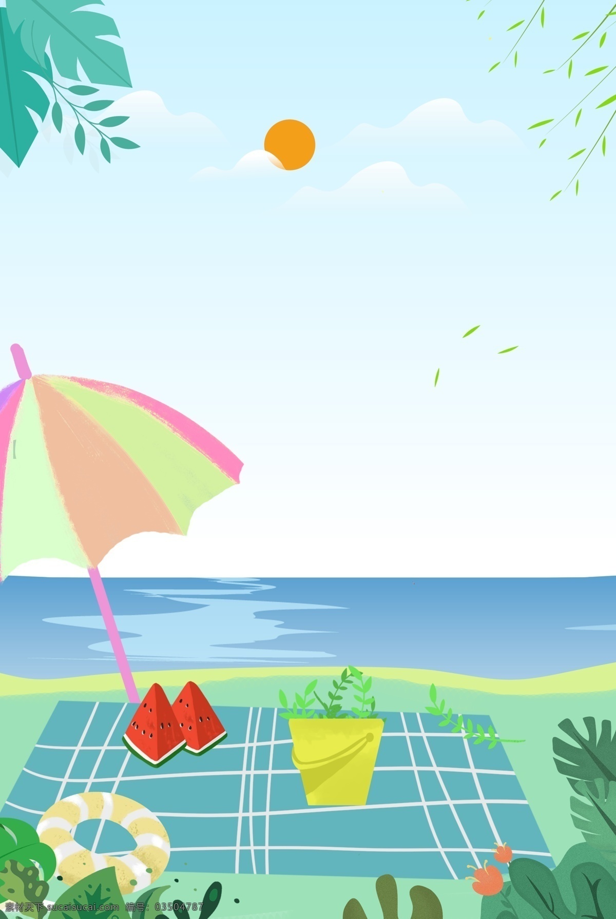 夏季 海邊 沙灘 場(chǎng)景 背景 太陽(yáng) 云朵 遮陽(yáng)傘 沙灘椅 樹葉 草叢 游泳圈 簡(jiǎn)約 手繪