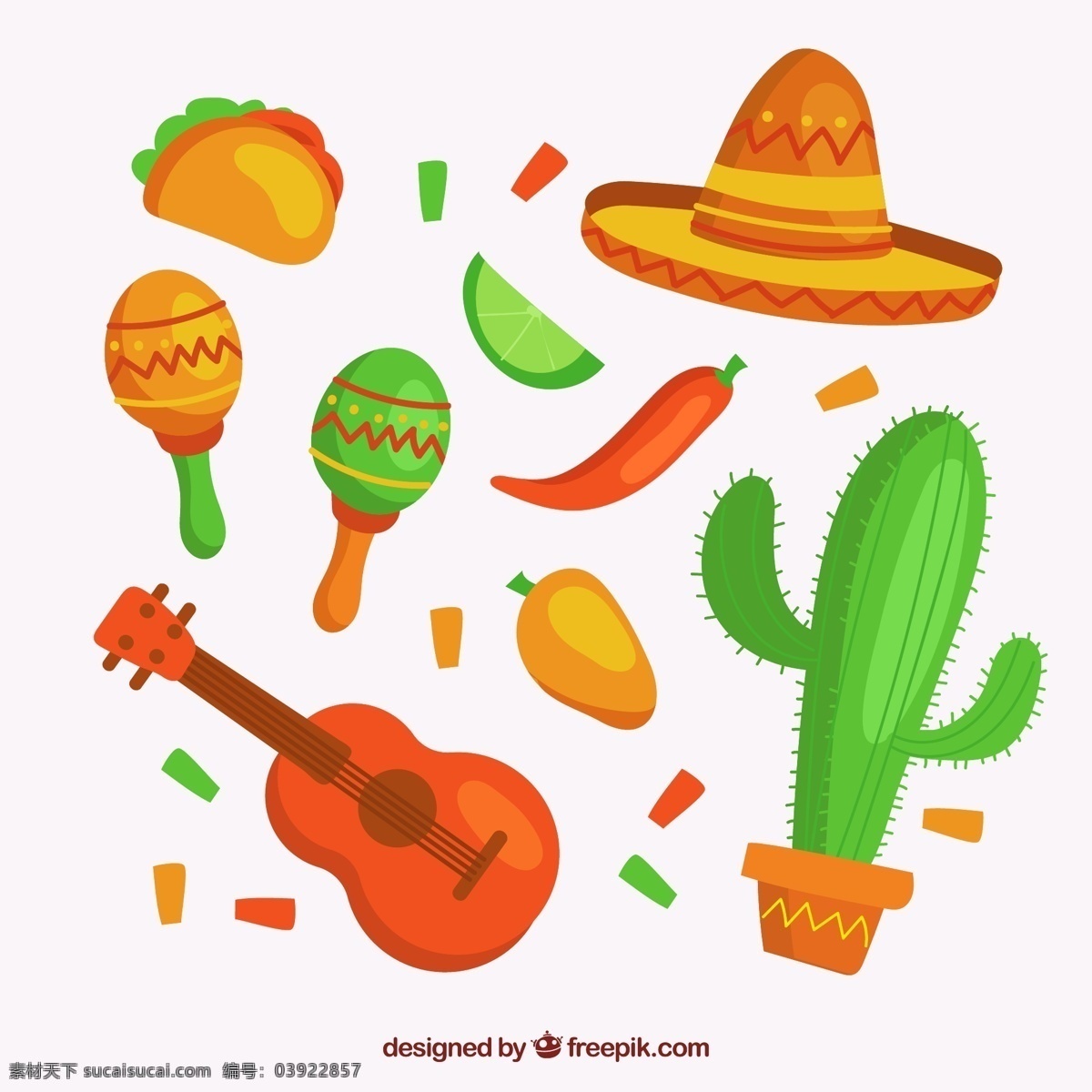 彩色 墨西哥 元素 墨西哥卷饼 青柠 辣椒 帽子 沙锤 源文件 矢量 高清图片