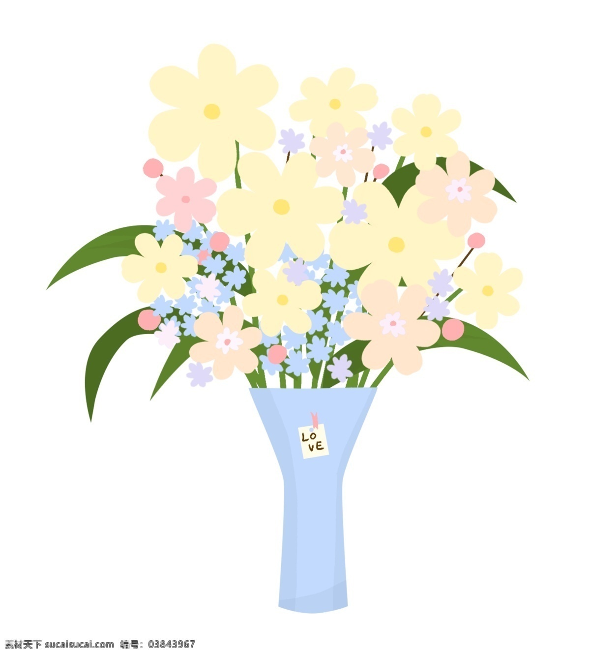 手绘 花艺 花束 插画 手绘黄色花朵 蓝色花瓶 绿色叶子花束 手绘鲜花花束 鲜花花艺花束 花瓶鲜花插画