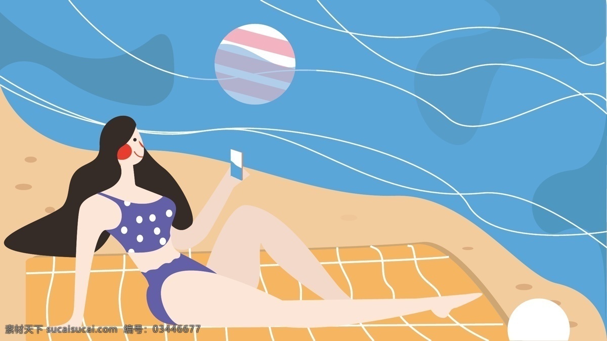 原創(chuàng) 扁平 風(fēng) 插畫 夏天 你好 系列 沙灘 曬 日光浴 夏季 海邊 大海 藍色 8月 八月 你好系列 月簽 夏天你好 酷暑 炎熱 長發(fā)女哈 度假 放假季 放假 夏日 夏 涼爽 黃色沙灘 墊子 拍照 比基尼 游泳 瑜伽球