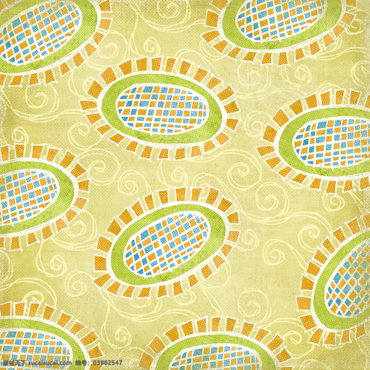 手绘 卡通 地毯 背景 图 椭圆形 橘色 绿色 黄色 背景素材