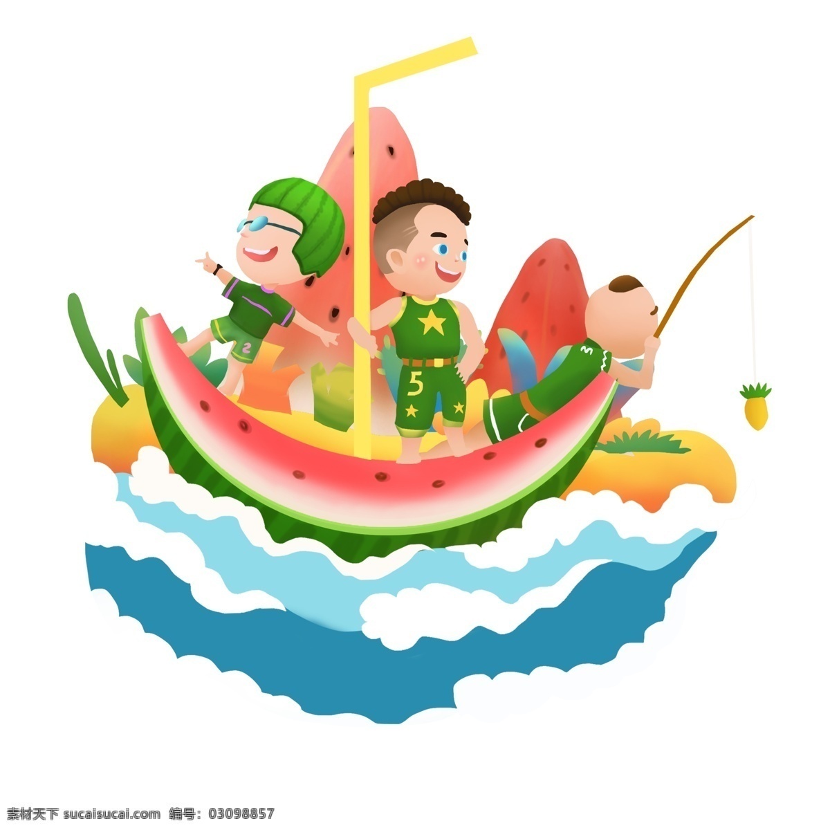 商用 高清 手绘 立夏 创意 西瓜 凉爽 浪 可商用 儿童 卡通形象 西瓜船 卡通 海浪