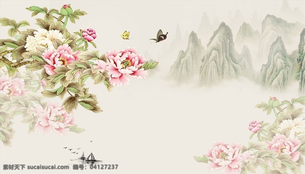 花鳥畫 牡丹 小船 背景墻圖片 蝴蝶 背景墻 電視背景墻 現(xiàn)代背景墻 中式背景墻 分層