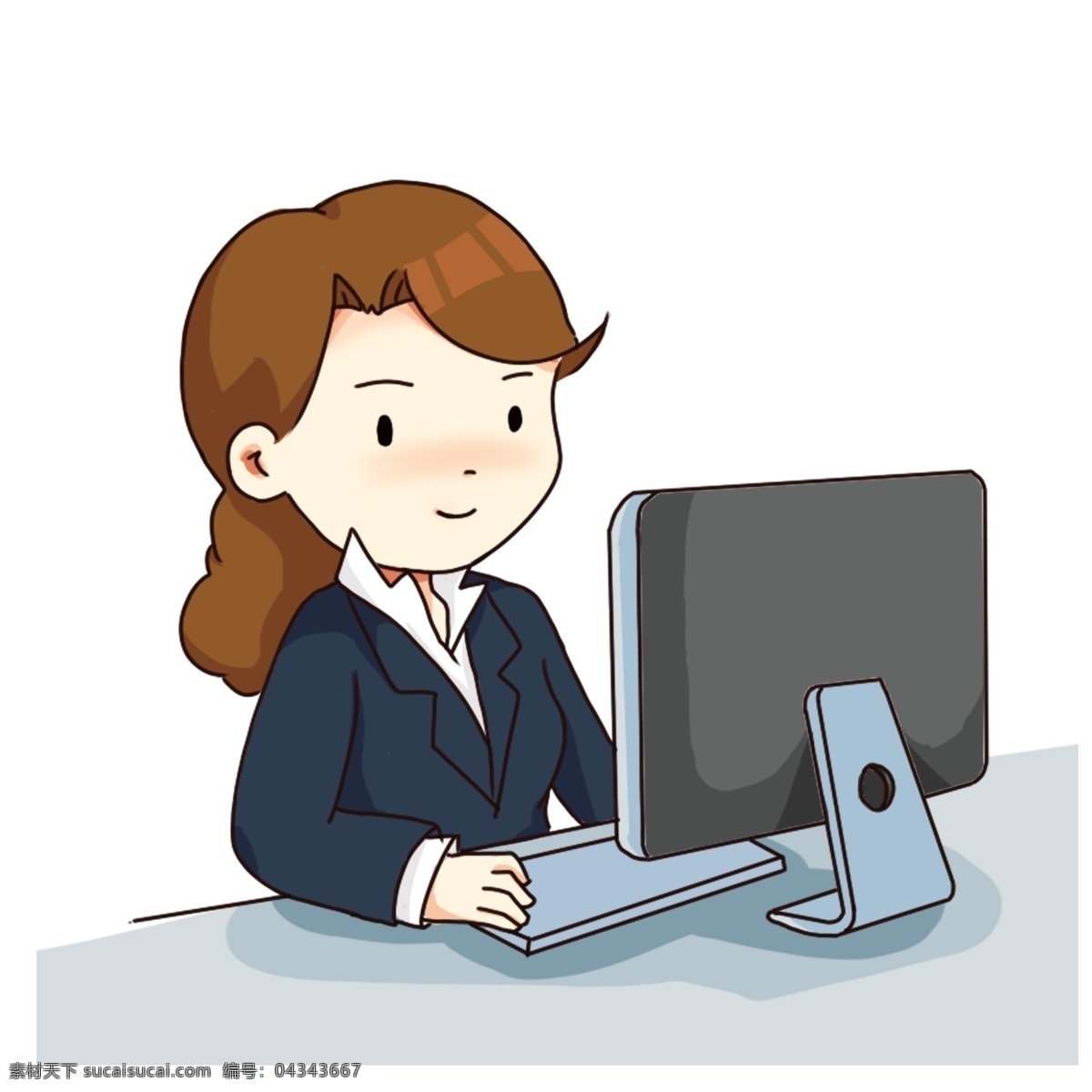 手绘 卡通 认真 工作 白领 女孩 加班的女孩 认真工作 敲击键盘 用电脑 奋斗的女孩