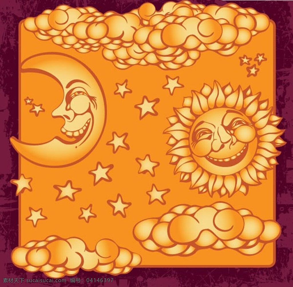 太阳 星星 月亮 装饰 封面 塔罗牌 云 底纹 橙色
