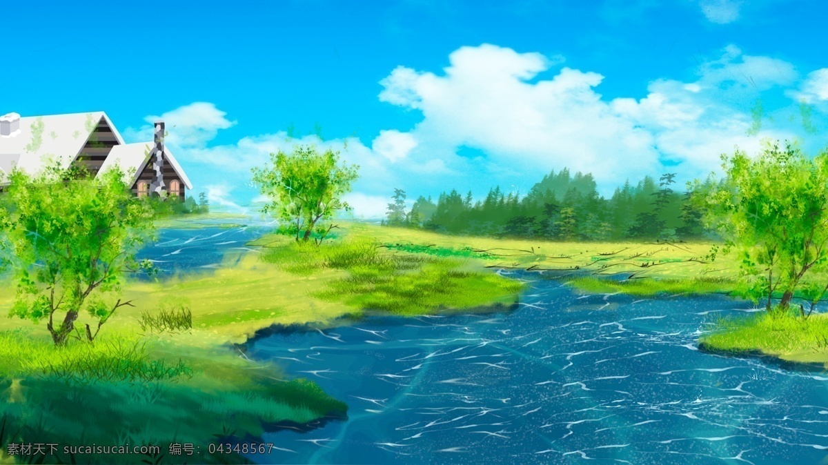 唯美 春天 戶外 景色 插畫 背景 綠色背景 治愈系背景 插畫背景 植物背景 藍天白云 河邊 山水風景