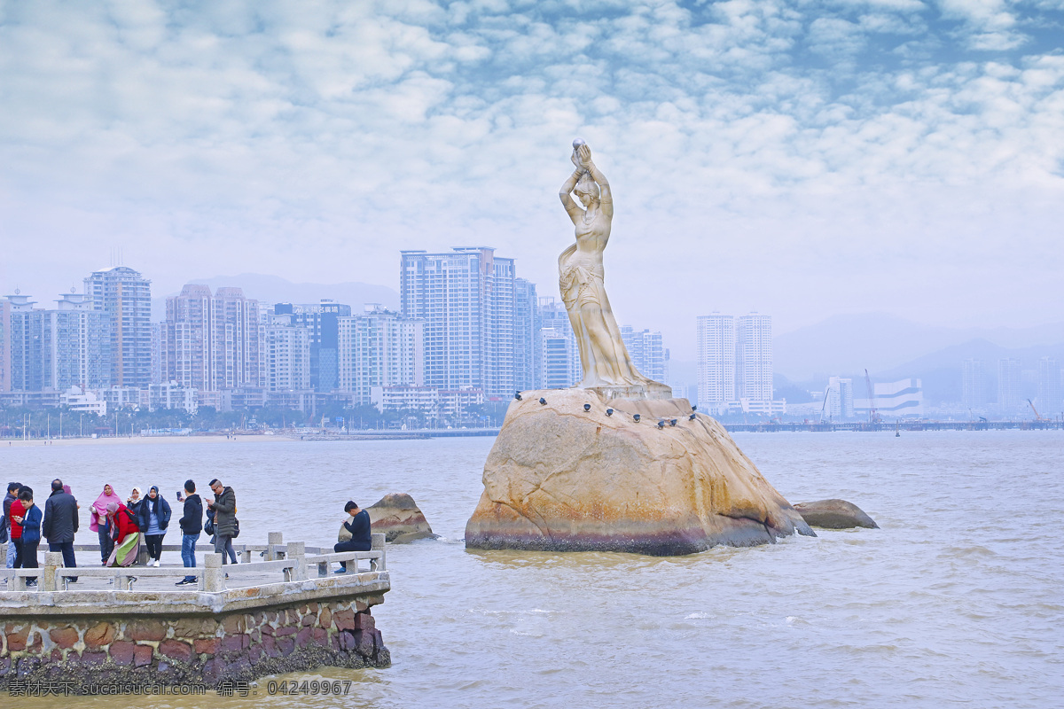 珠海渔女 珠海 旅游 渔女 标志 蓝天 白云 海水 高楼 明珠 石头 雕像 景点 旅游摄影 国内旅游