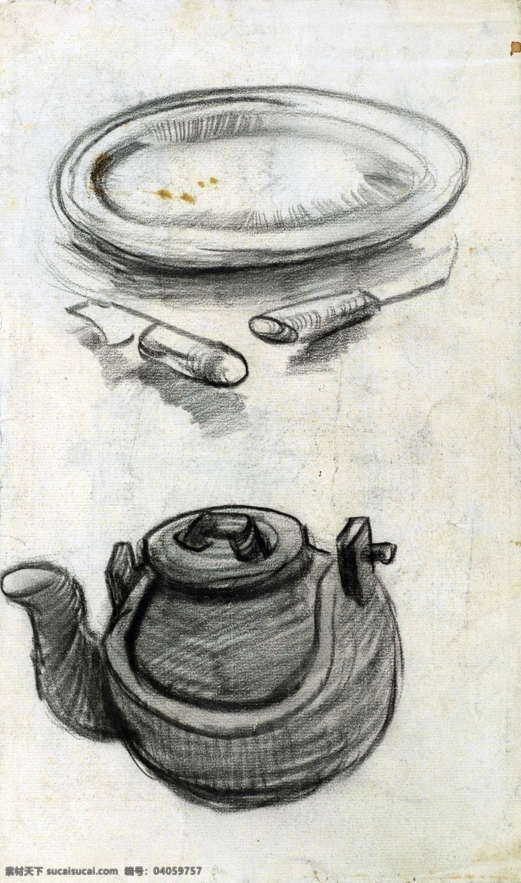 梵高 静物 素描 装饰画 单色 梵高早期作品 盘子 茶壶 水壶 梵高作品
