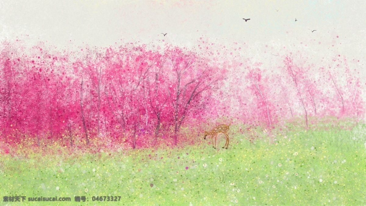 林 深见 鹿 春 原创 插画 春天 森林 绿色 草地 春日 粉色 燕子 治愈 清晰 配图 风格 极简 壁纸