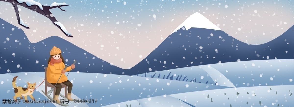 户外运动 冬天 滑雪 女孩 插画 背景 户外 运动 运动用具 动物 雪地 插画风 banner
