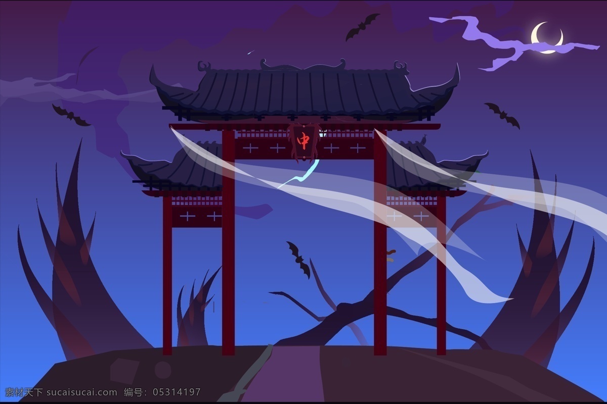 恐怖 中式 古老 建筑 门牌 中国风 渐变 蝙蝠 风