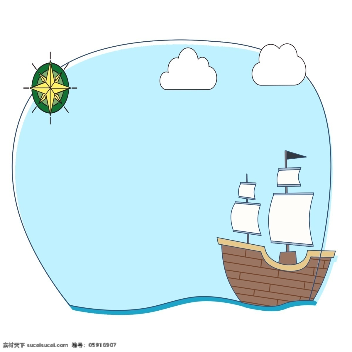 手绘 帆船 边框 插画 蓝色的边框 漂亮的边框 卡通边框 手绘花环边框 白色的帆船 美丽的边框