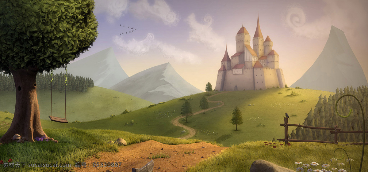 山丘上的城堡 卡通 山丘 树木 草地 城堡 山间 背景 设计背景 设计素材 透底图 透明图层