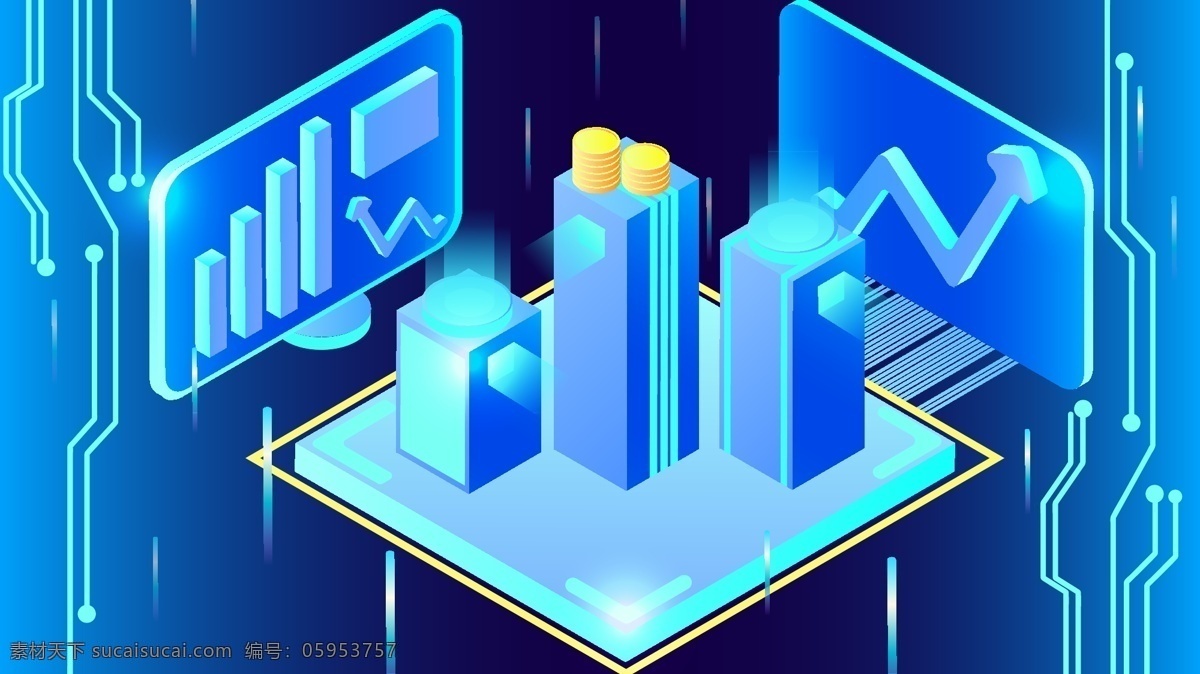 蓝色 d 商务 金融 科技 未来 矢量 插画 光效 banner 2.5d 25d 科技蓝 渐变 商业 商务金融 经济 数码 电子 电商 科技未来 电路 虚拟 概念 金币 货币 柱状图 配图 场景 办公