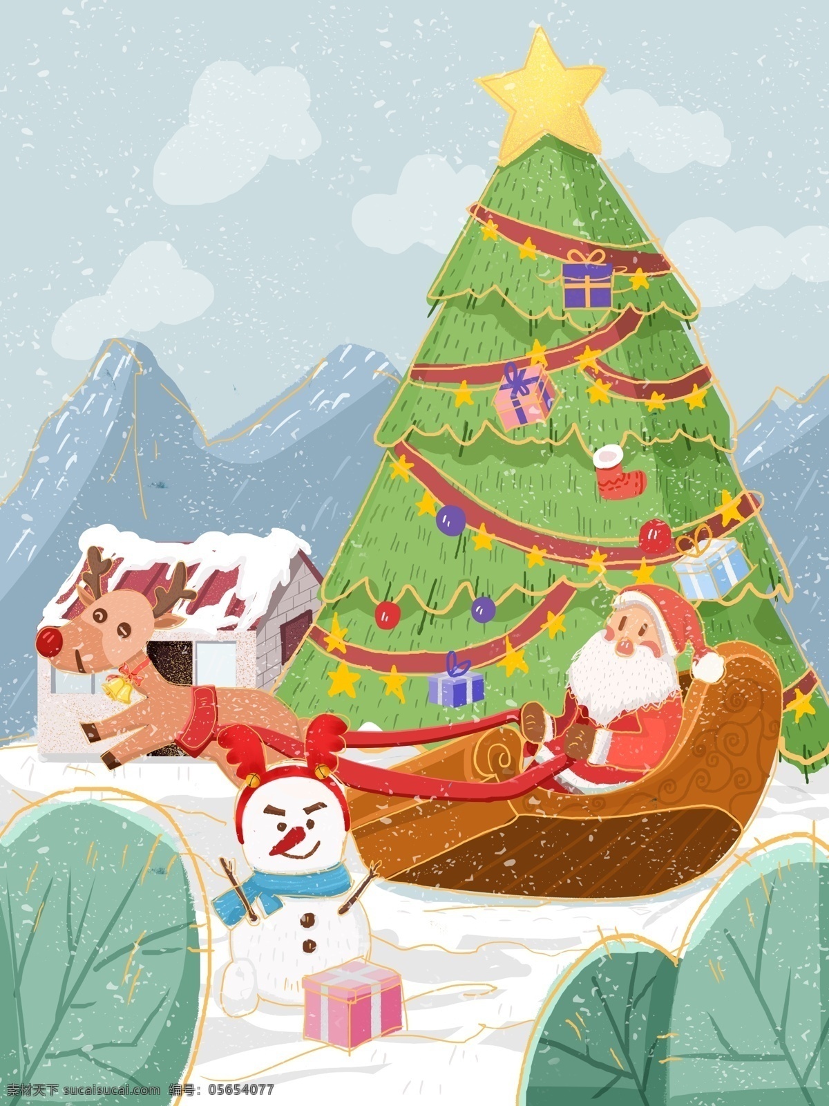 圣誕老人 滑 雪橇 圣誕節(jié) 插畫 圣誕樹 房子 雪景 鹿 雪 圣誕節(jié)配圖