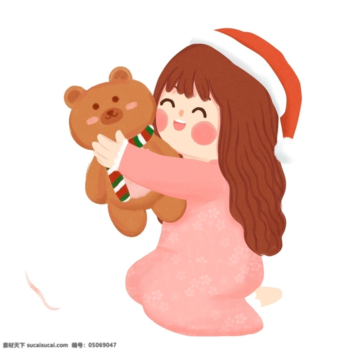 圣诞节 抱 玩偶 女孩 卡通 可爱 插画 儿童 小熊玩偶